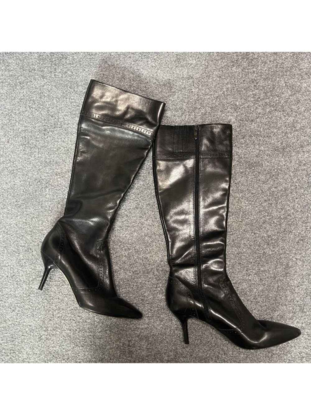Via Spiga Black Leather Knee-High Stiletto Heel Boots With Side Zipper Womens 7.